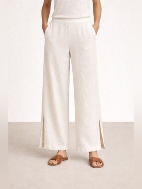 Cable & Gauge Studio Cream Elastic Waist Linen Blend Pants- Wide Split Hem- Med